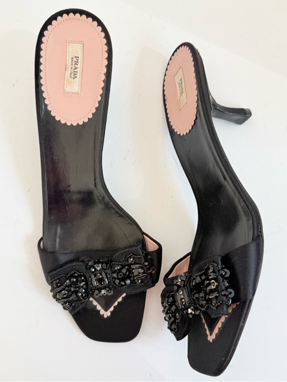 Prada Y2K Archive Satin Black Beaded Bow Kitten Heel mule EU 39.5